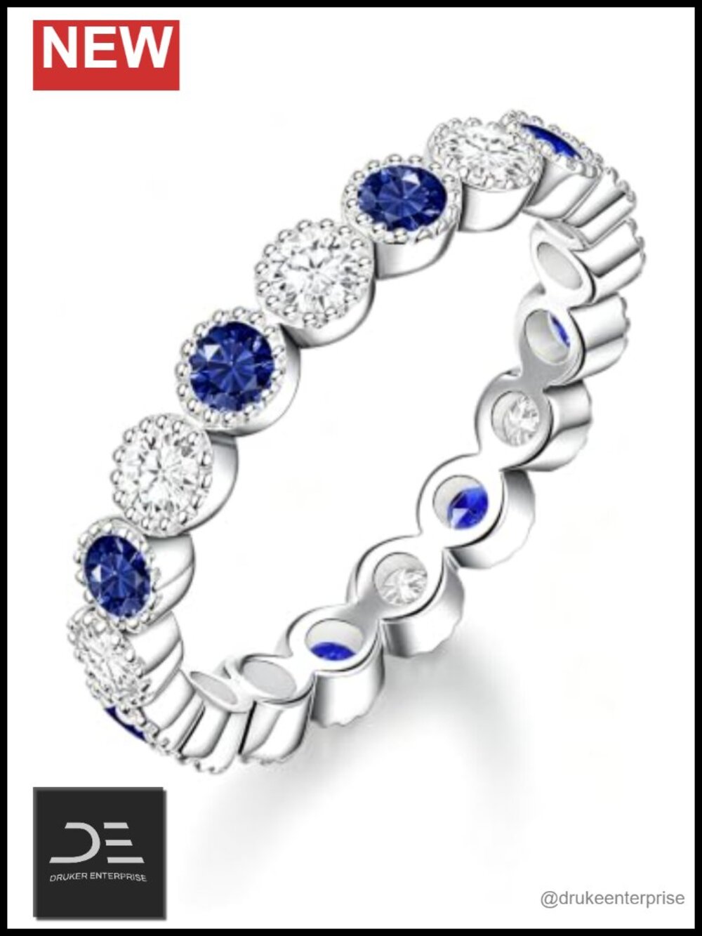 Moissanite & Sapphire Milgrain Eternity Ring 925 Sterling Silver Rhodium Plated